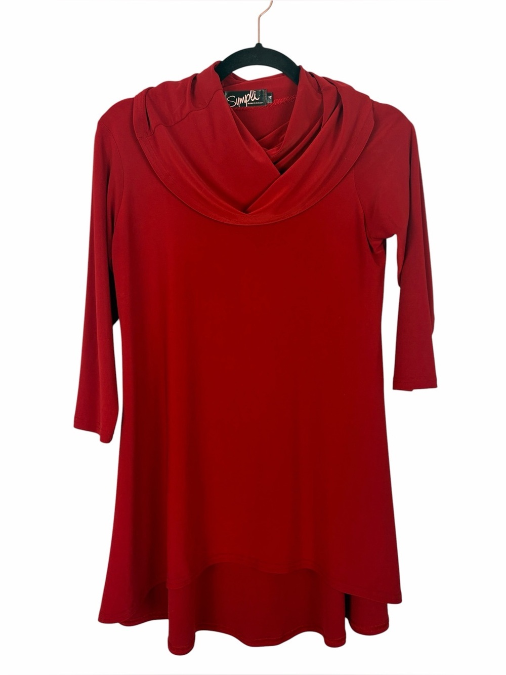 Sympli Made in Canada Red Cowl Neck Tunic Top Size 4 3/4 Sleeve Stretch